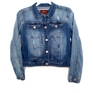 7 For All Mankind Girls Jacket L Denim Distressed Trucker Flap Pockets Stonewash